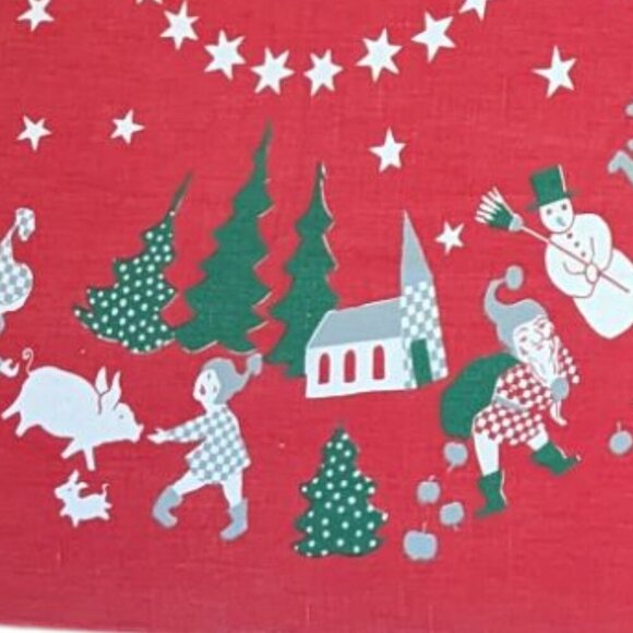 Vintage MCM Christmas Holliday Table Cloth Runner Elves Folk Art Boho Midcentury - Picture 3 of 7